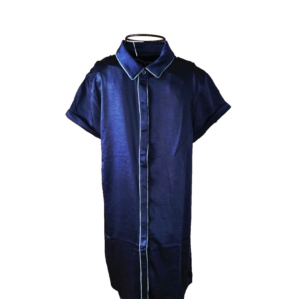 Wildfang Empower Satin Shirt Dress New Navy Blue Neon Green Midi Size Small EEE